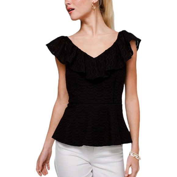 WHBM Black Eyelet Ruffle Top | S - Picture 1 of 4